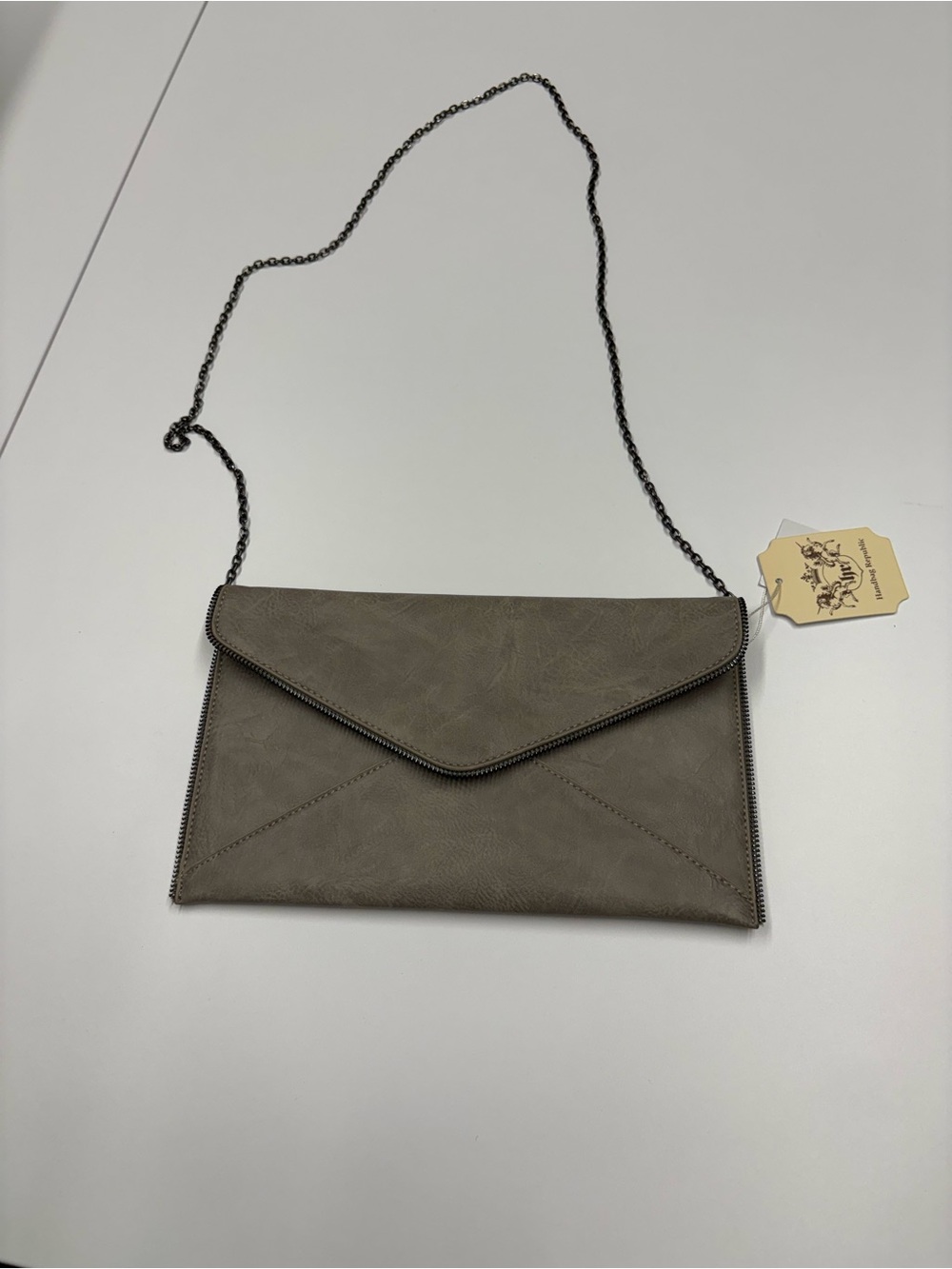 Minimalist Taupe Envelope Crossbody with Chain Strap